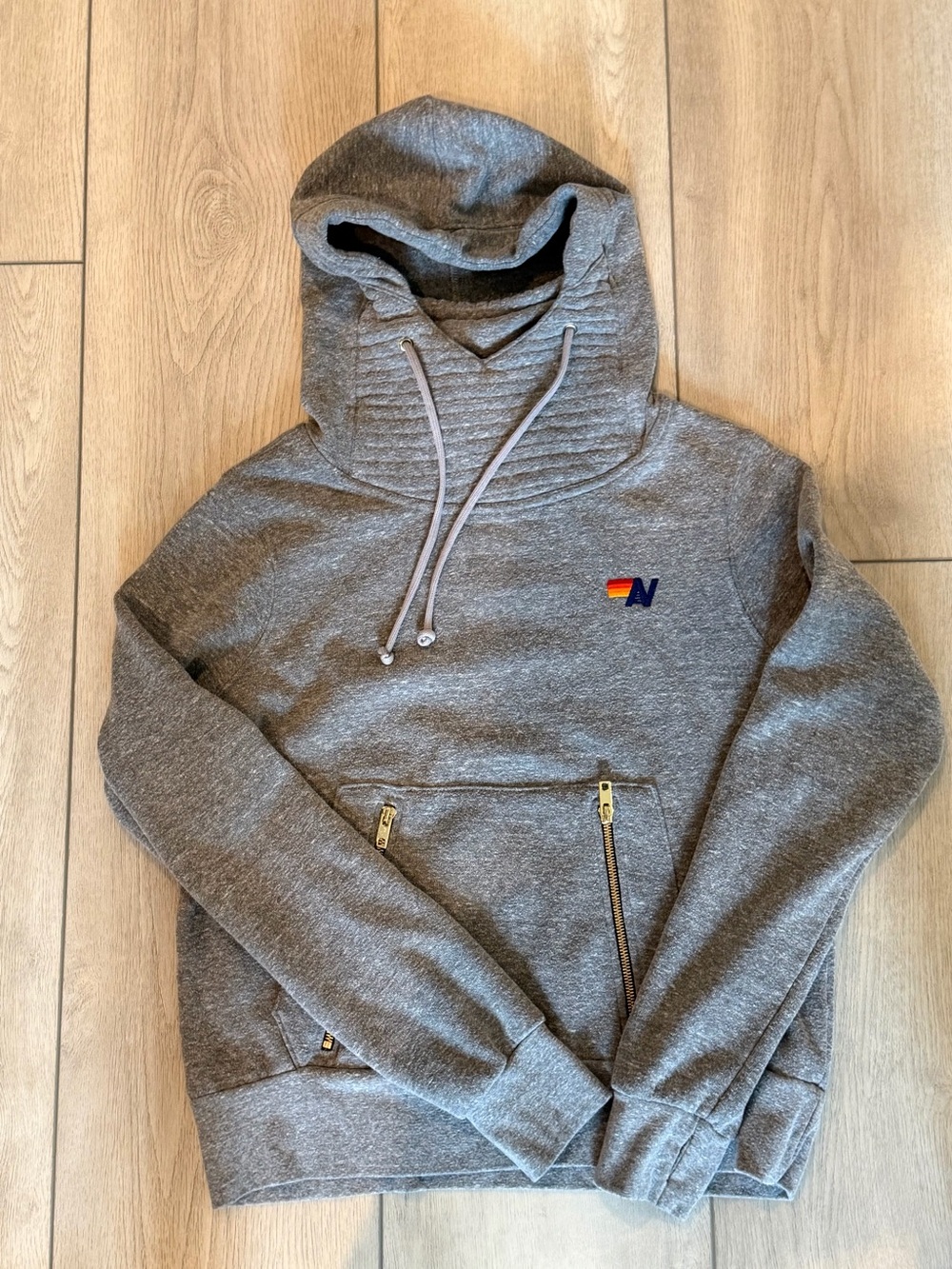 Aviator Nation Gray Pullover Hoodie with Multicolor Tag Detail